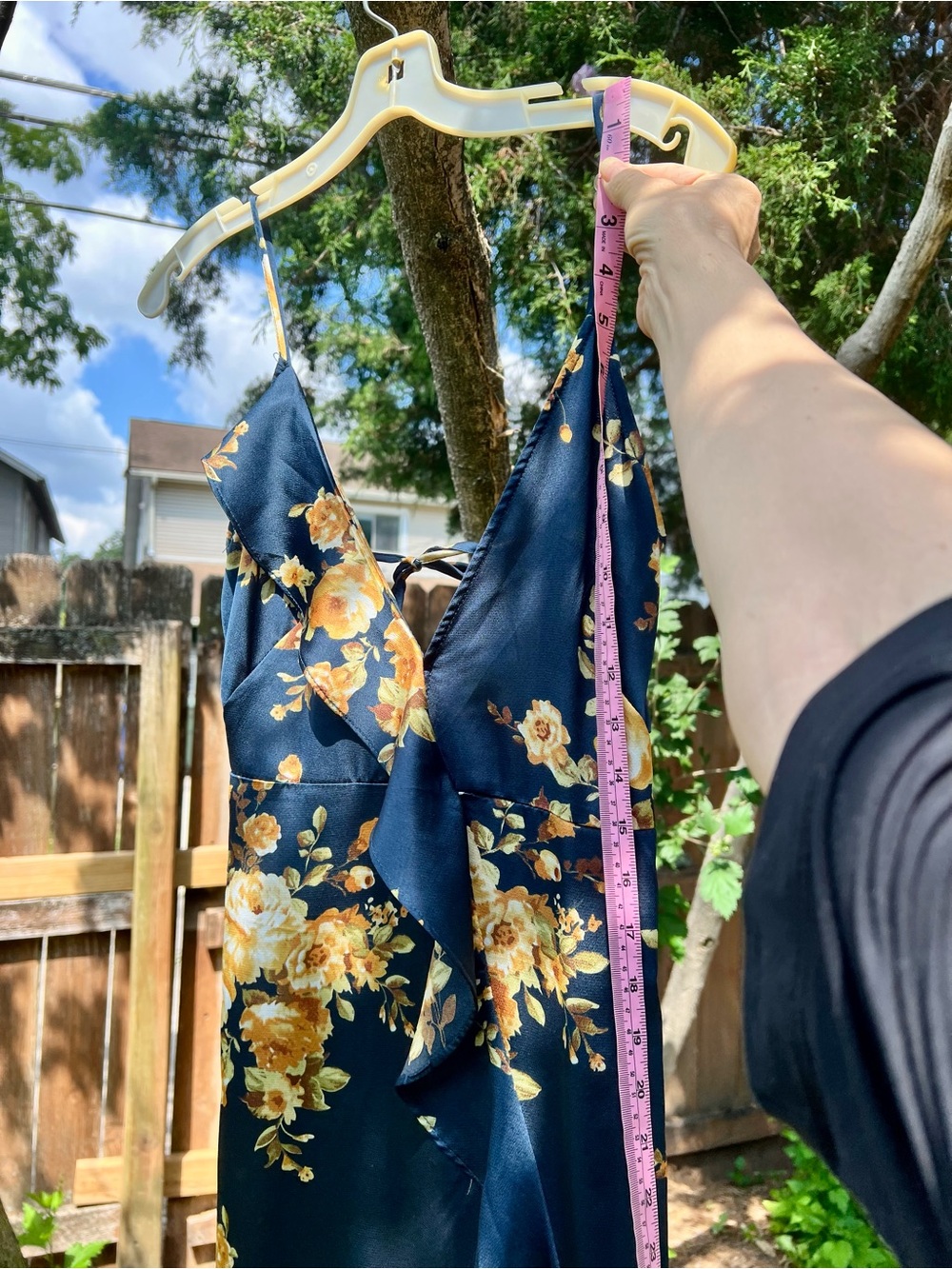 Vici Dolls Floral Satin Ruffle Halter Maxi Dress Navy Blue Flowing S Faux Wrap - Picture 14 of 16